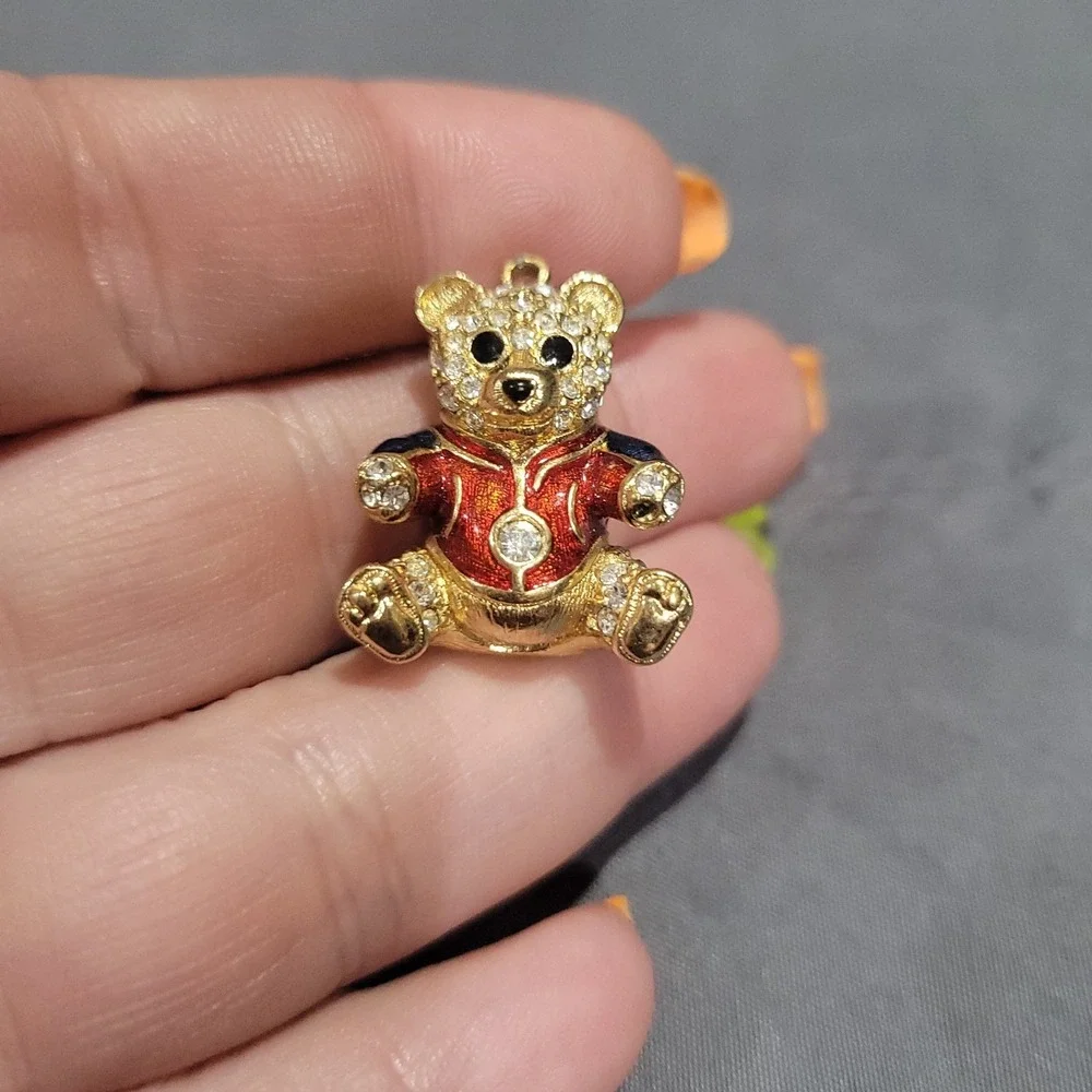 Savvy Swarovski Limited Edition Crystal Gold Tone Teddy Bear Pendant Red Enamel